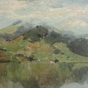 Gemälde, Paysage lacustre au pied des montagnes, Emile Vouga