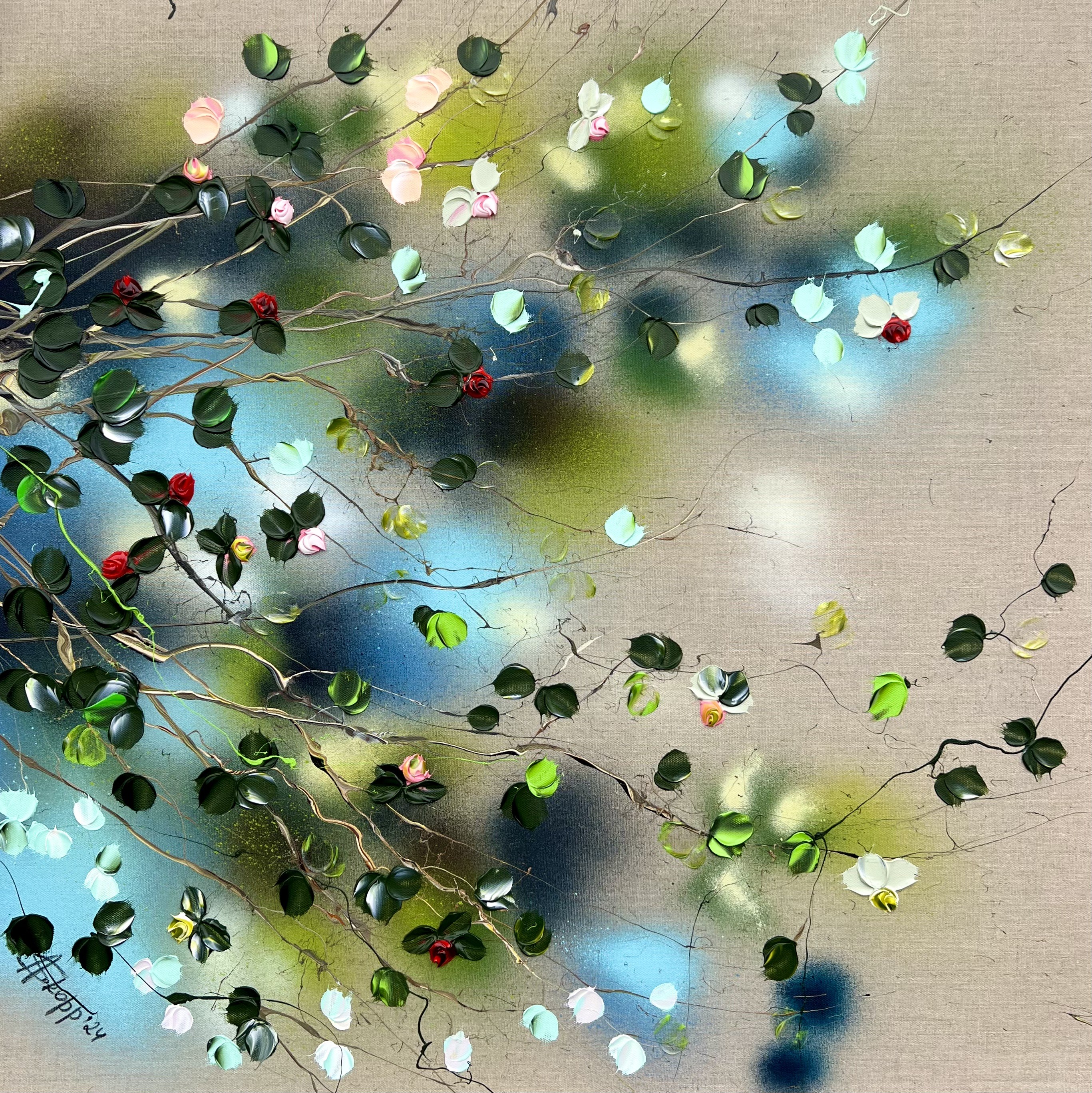 Anastassia Skopp, Calm in Petals - colorful textured flowers on linen Anastassia Skopp, Calm in Petals - colorful textured flowers on linen
