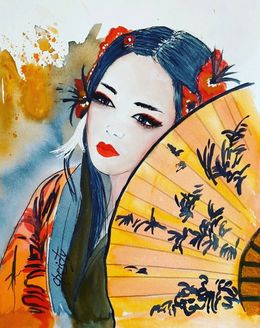Painting, Orange sensu and white feather, Christy