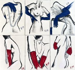 Gemälde, Sextych: Touches of Red and Blue Gloves, Kristina Mallen