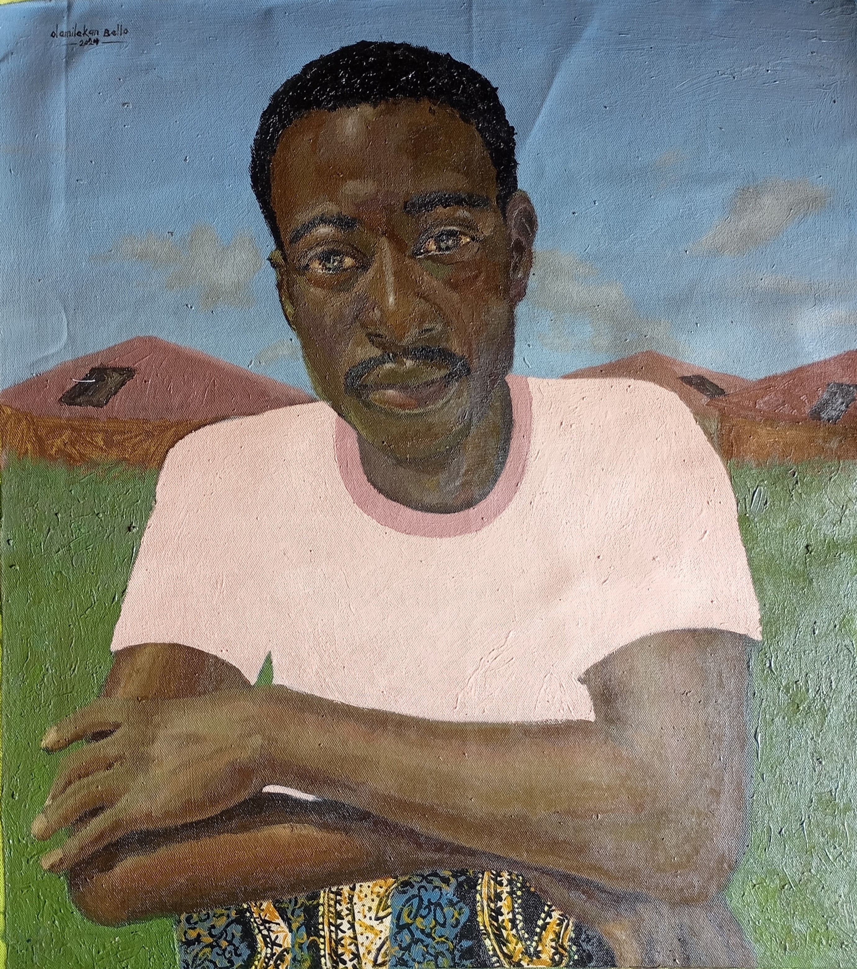 Olamilekan Bello, Ben (Water in the Hole) - 21st Century, Contemporary, Figurative, Landscape, Men Olamilekan Bello, Ben (Water in the Hole) - 21st Century, Contemporary, Figurative, Landscape, Men