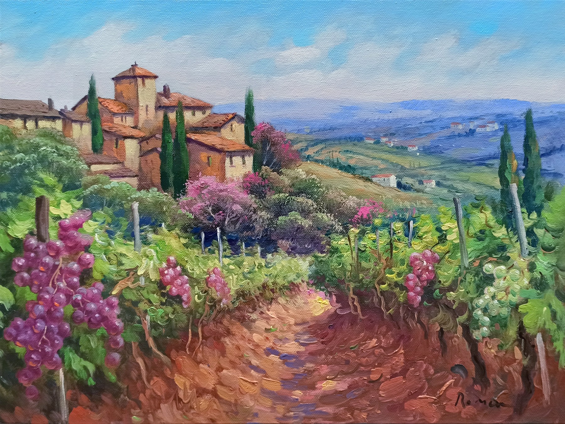 Domenico Ronca, Vineyard foreground - Tuscany landscape painting Domenico Ronca, Vineyard foreground - Tuscany landscape painting