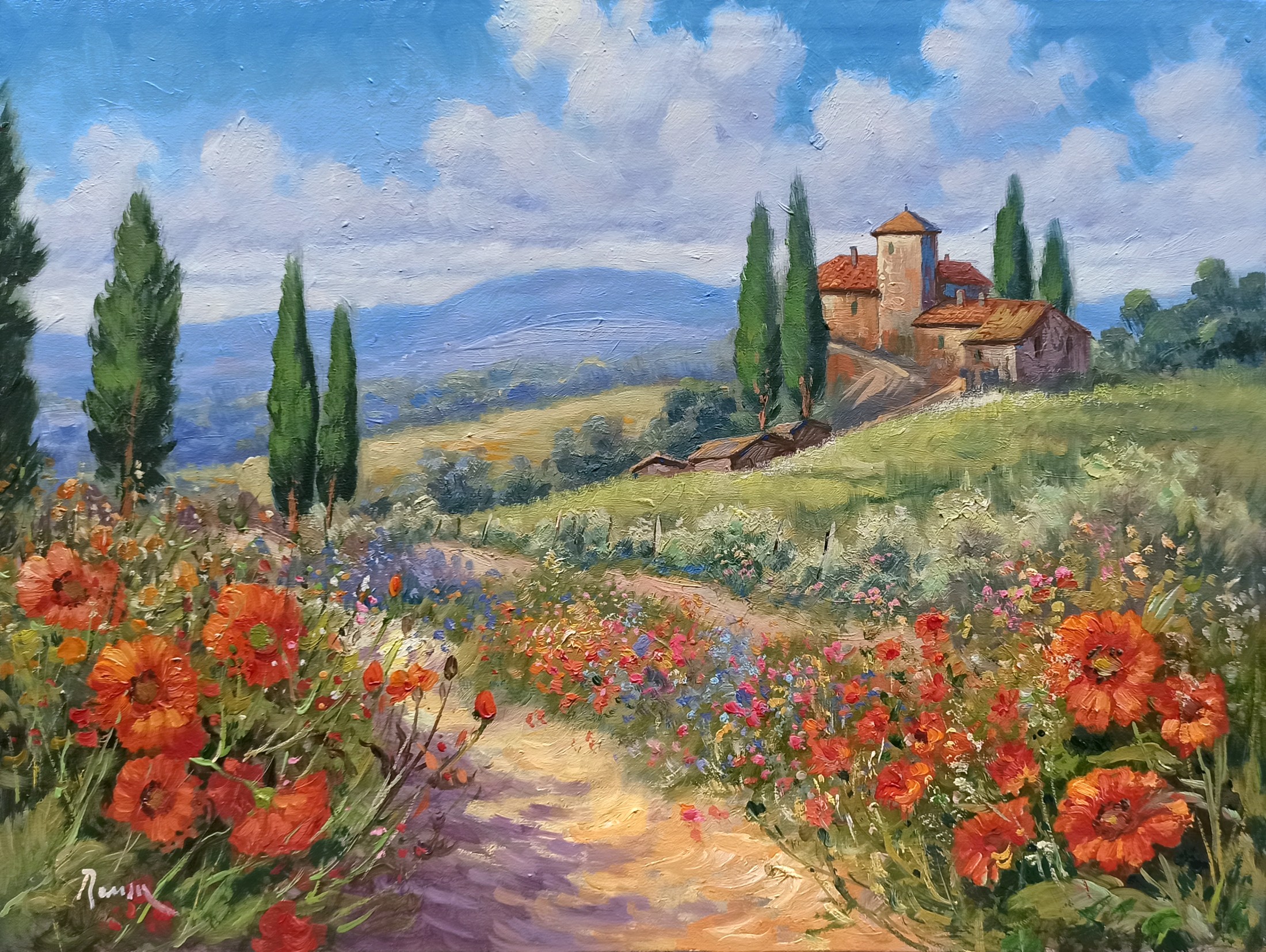Domenico Ronca, Quiet flowery path - Tuscany landscape painting Domenico Ronca, Quiet flowery path - Tuscany landscape painting