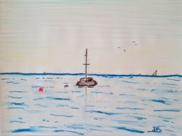 Zeichnungen, Silhouette de bateau sur mer calme au petit matin, Damien Berrard