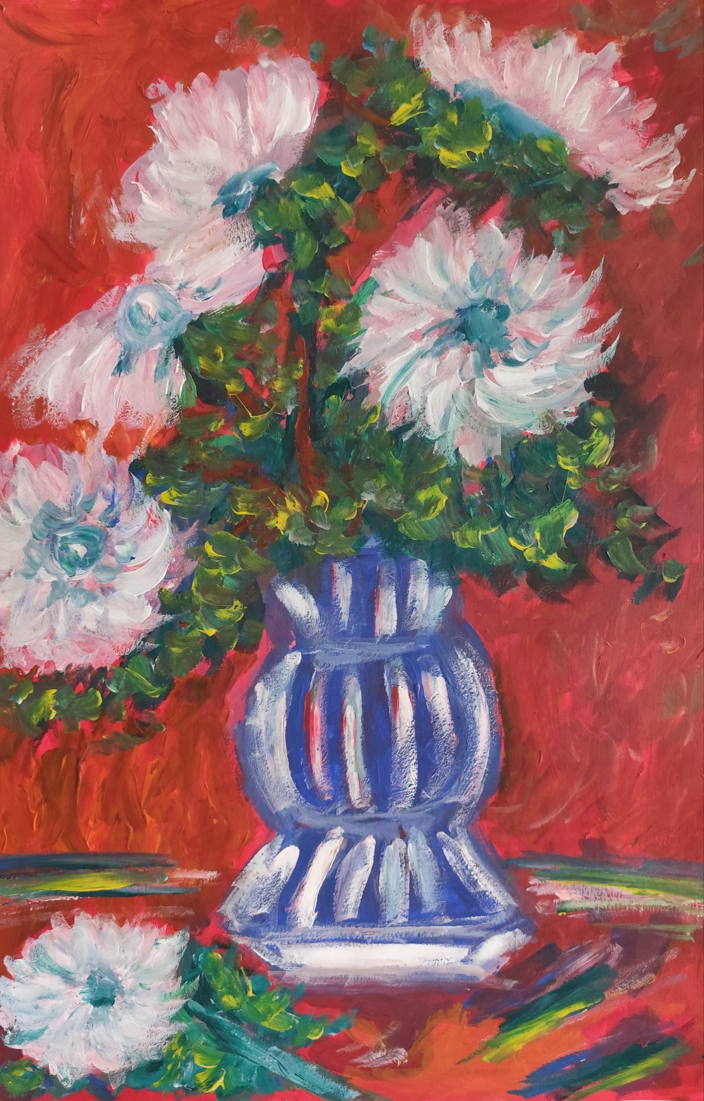 Natalya Mougenot, Bouquet of white gerbera daisies in a blue vase Natalya Mougenot, Bouquet of white gerbera daisies in a blue vase
