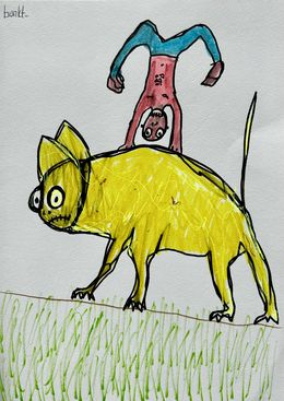 Fine Art Drawings, Handstand on a yellow cat, Bunkt_