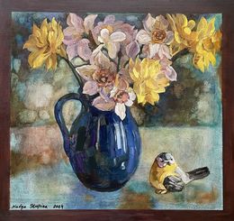 Gemälde, Daffodils In a blue vase, Nadezda Stupina