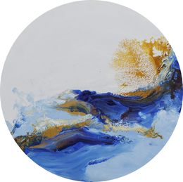 Painting, L'eau d'ici - série Paysage abstrait vue du ciel entre terre et mer - Peinture sur socle, Roselyne Dupetitpré