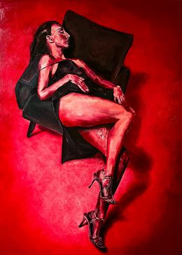 Painting, Original Painting of Woman in Blask with Red Background, Diana Timchenko
