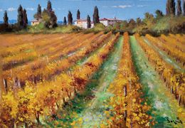 Gemälde, Autumn vineyard - Tuscany painting landscape, Andrea Borella