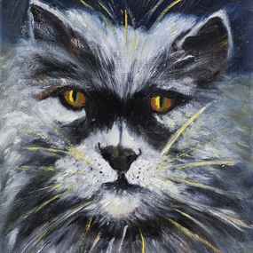 Gemälde, Gros chat en colère - figuration animalière, Christiane Barlow-Couderc