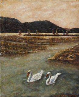 Peinture, Cygnes aux environs d’Aix-les-bains - figuration animalière, Christiane Barlow-Couderc
