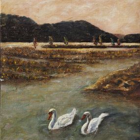 Gemälde, Cygnes aux environs d’Aix-les-bains - figuration animalière, Christiane Barlow-Couderc