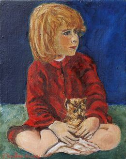 Gemälde, La petite fille au chat - Scène figurative enfantine, Christiane Barlow-Couderc