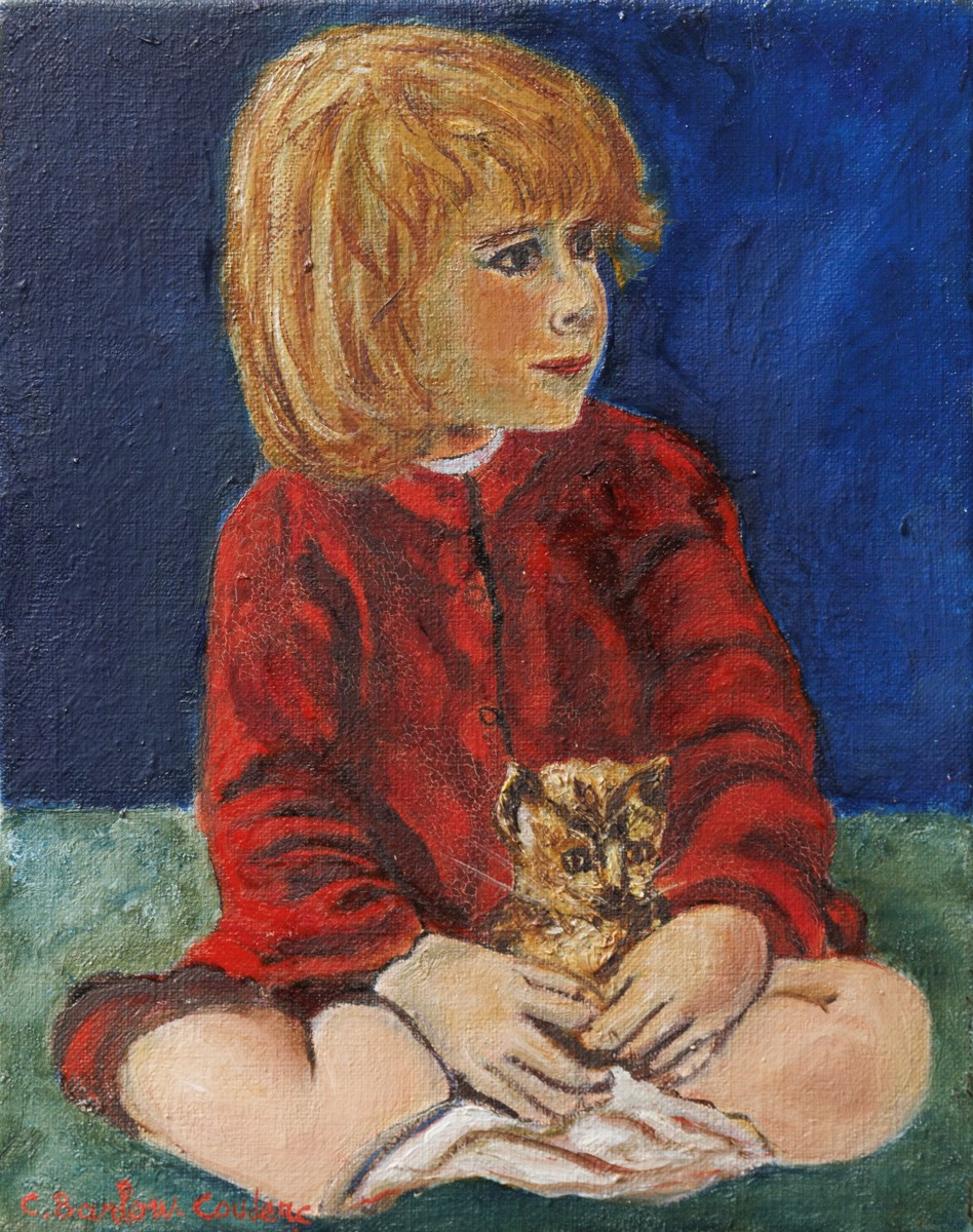 Christiane Barlow-Couderc, La petite fille au chat - Scène figurative enfantine Christiane Barlow-Couderc, La petite fille au chat - Scène figurative enfantine