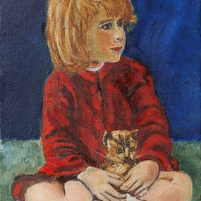 Gemälde, La petite fille au chat - Scène figurative enfantine, Christiane Barlow-Couderc