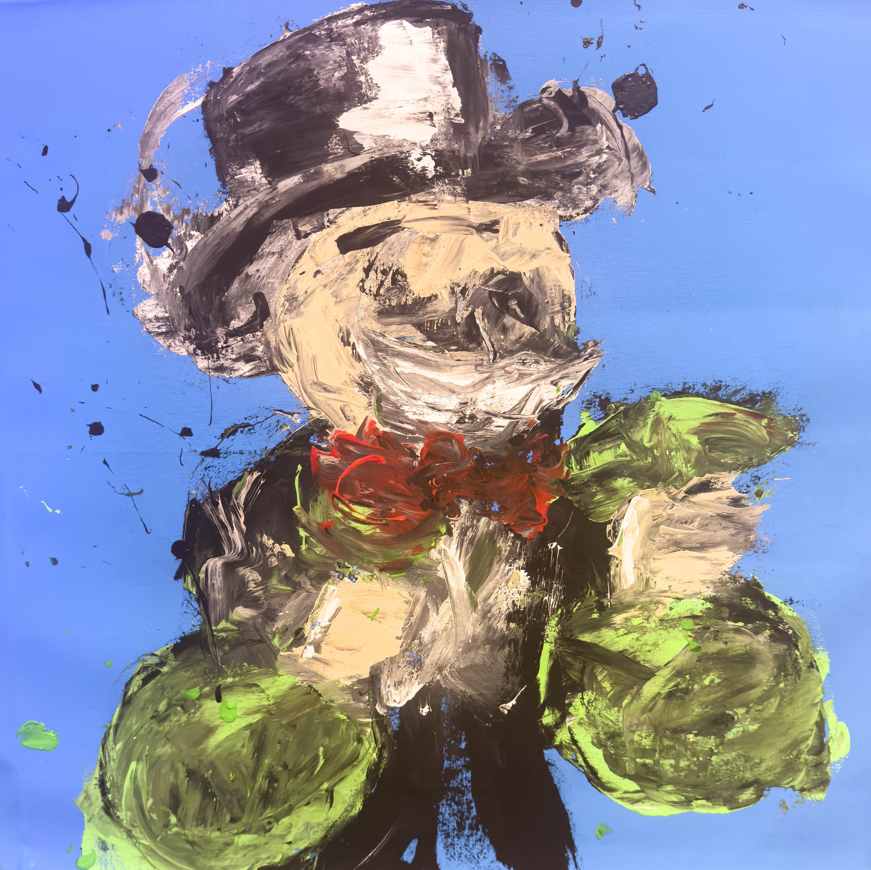 Carlos Pun Art, Monopoly man over blue abstract expressionism Carlos Pun Art, Monopoly man over blue abstract expressionism