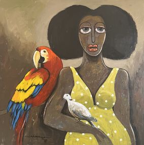 Painting, Companionship - 21st Century, Contemporary, Figurative, Women, Birds, Interior, Achike MiracleAnayo