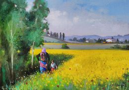 Gemälde, Spring in the fields - Tuscany painting landscape, Andrea Borella
