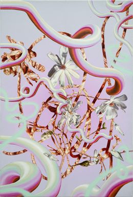 Painting, Ground beef with magnolias flowers and magenta gradient composition, Monika Malewska