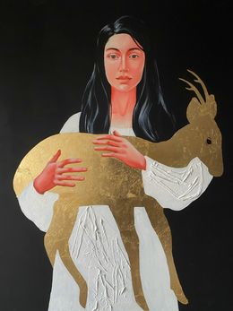 Peinture, Golden Antelope: Embracing Nature and Feminine Strength, Anastasya Lyulina