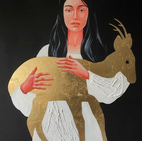 Gemälde, Golden Antelope: Embracing Nature and Feminine Strength, Anastasya Lyulina