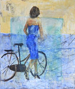 Painting, With her bicycle, Pol Ledent