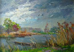 Gemälde, Gulls over the river. Dry Kagamlyk, Boris Serdyuk