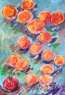 Painting, Summer peaches and one red apple, Natalya Mougenot