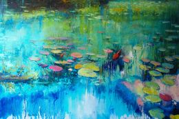 Peinture, Water lilies and koi, Helen Shukina