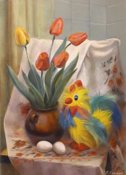 Painting, Still Life with Rooster and Tulips, Boris Serdyuk