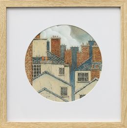 Gemälde, Cheminées - paysage figuratif toits urbains rond, Eddy Josse