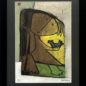 Print, Nina Con Pajaro (hand signed linocut), Angel Botello
