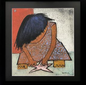 Print, Nina Jugando Con Estrella De Mar (hand signed linocut), Angel Botello