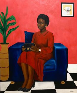 Peinture, Nchere (The Wait) - 21st Century, Contemporary, Figurative, Women, Love, Red, Franklin Ndibam