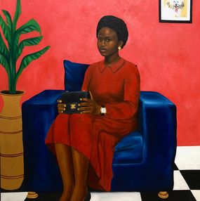 Gemälde, Nchere (The Wait) - 21st Century, Contemporary, Figurative, Women, Love, Red, Franklin Ndibam
