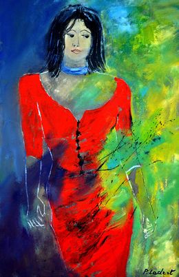 Painting, Walking in a red dress, Pol Ledent