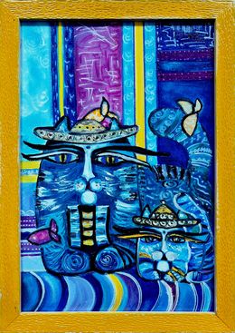Gemälde, Companion Cats Zen animalism oil painting, Lilya Volskaya