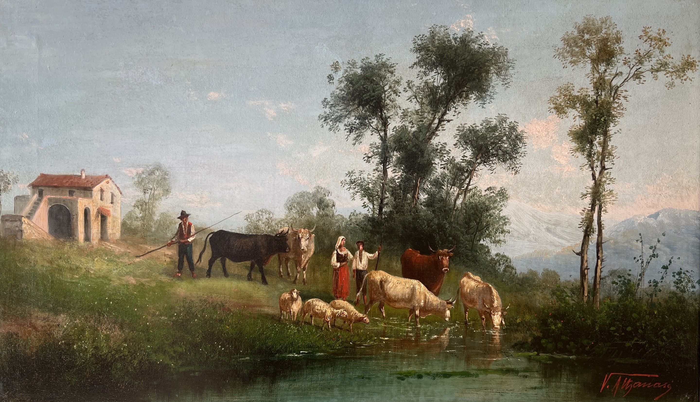 V. Attanasi, Scène de genre avec paysans, vaches et moutons V. Attanasi, Scène de genre avec paysans, vaches et moutons