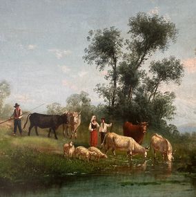 Gemälde, Scène de genre avec paysans, vaches et moutons, V. Attanasi