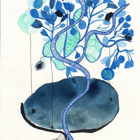 Gemälde, Arbre caillou fleurs bleues, Gris De Garance