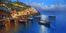 Gemälde, Moonlight on the village - Amalfi painting, Vincenzo Somma