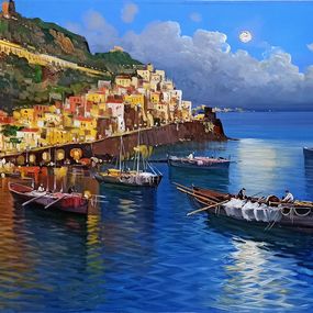 Painting, Moonlight on the village - Amalfi painting, Vincenzo Somma