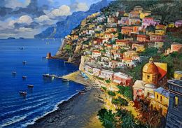 Gemälde, Toward evening on the coast - Positano painting, Vincenzo Somma