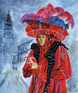 Painting, Red dress in Venice Carnival, Pol Ledent