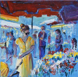 Gemälde, Le marché aux fleurs - Scène de vie citadine, Annie Madec