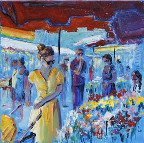 Gemälde, Le marché aux fleurs - Scène de vie citadine, Annie Madec
