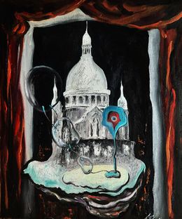 Painting, Still life with Basilique du Sacré-Cœur emerging from an oyster shell, accompanied by soap bubbles and curious onlookers, Vladimir Kolosov