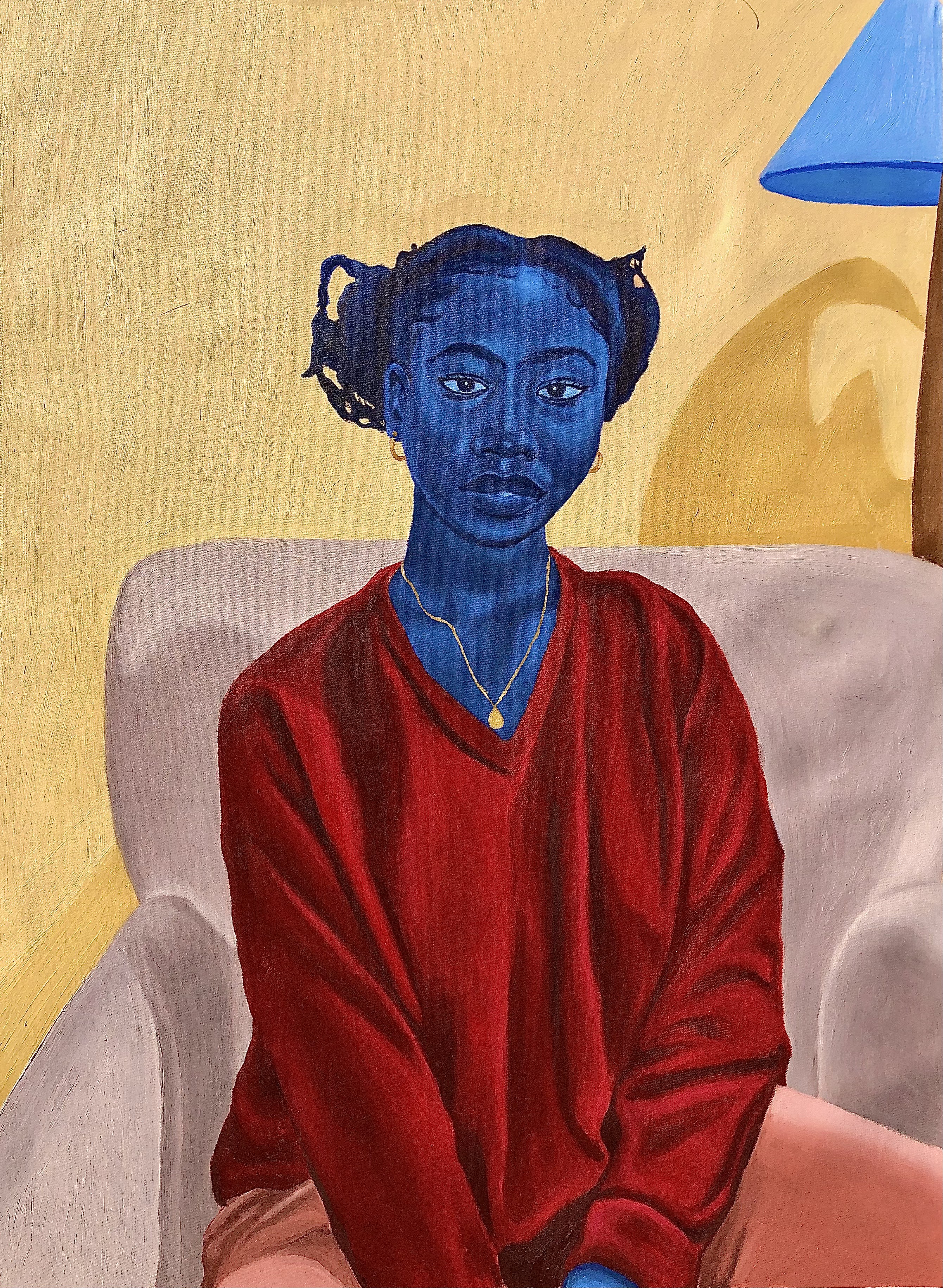 Jason Langa, Lilac Armchair - 21st Century Contemporary Figurative Painting of a Woman in Red Jason Langa, Lilac Armchair - 21st Century Contemporary Figurative Painting of a Woman in Red