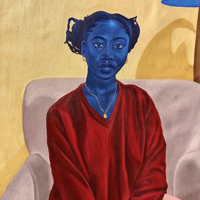 Gemälde, Lilac Armchair - 21st Century Contemporary Figurative Painting of a Woman in Red, Jason Langa
